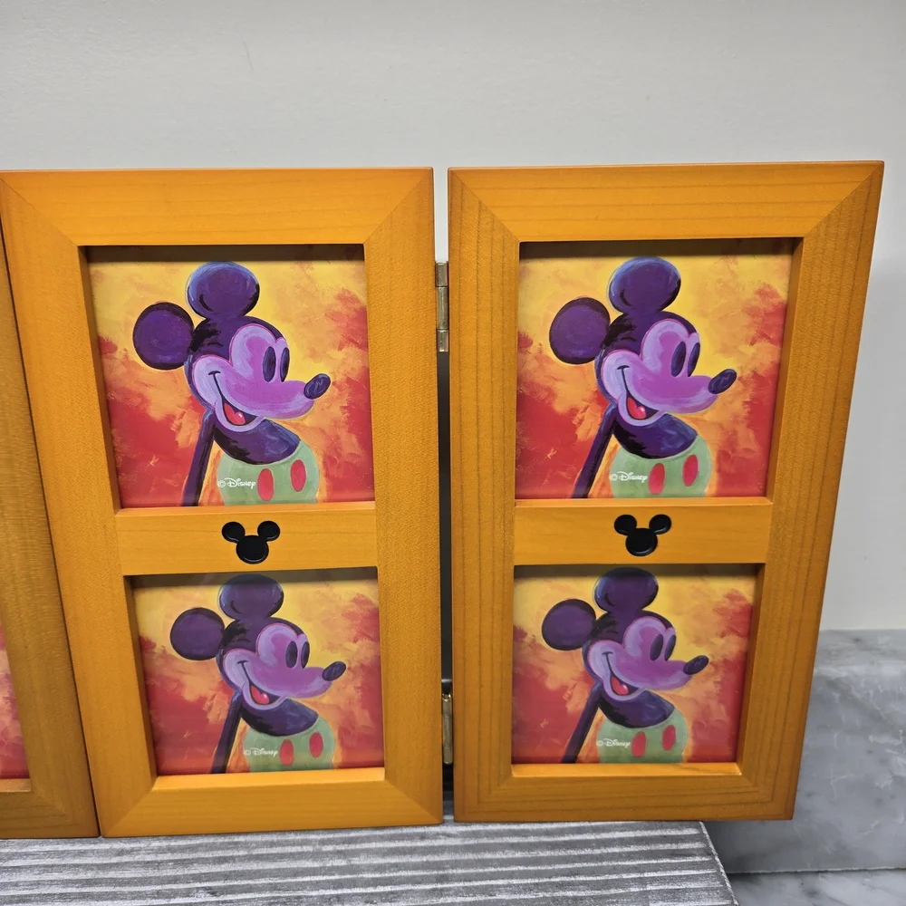 Disney Parks Mickey Mouse Ears Hinged 6 Picture Wood Trifold Photo Frame 8.75x14